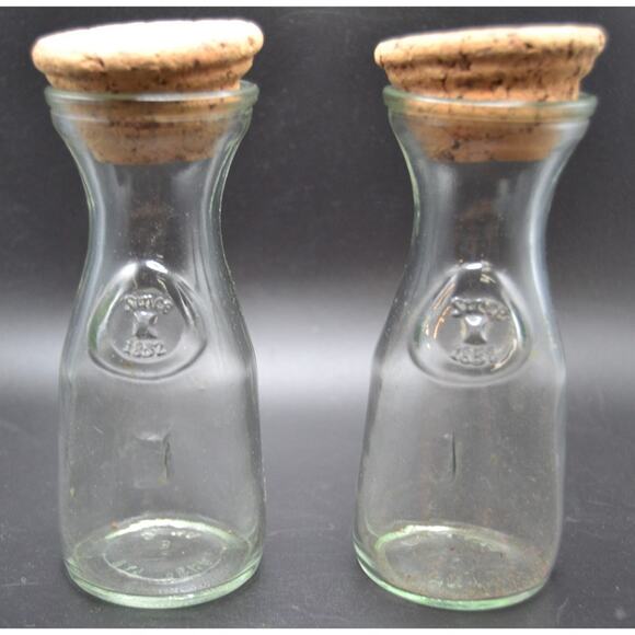 2 Embossed Since 1852 Clear Glass Carafe - Vintage Milk Bottle w/ Corks - Picture 1 of 13